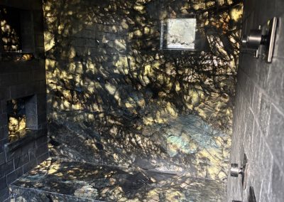 Custom labradorite stone shower — luxury bathroom remodel Kern County CA